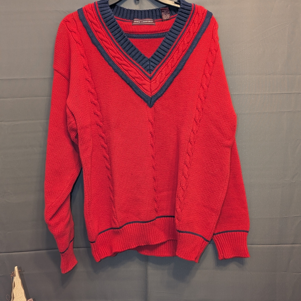 John Ashford Red V-Neck Cable Knit Sweater with Navy Trim